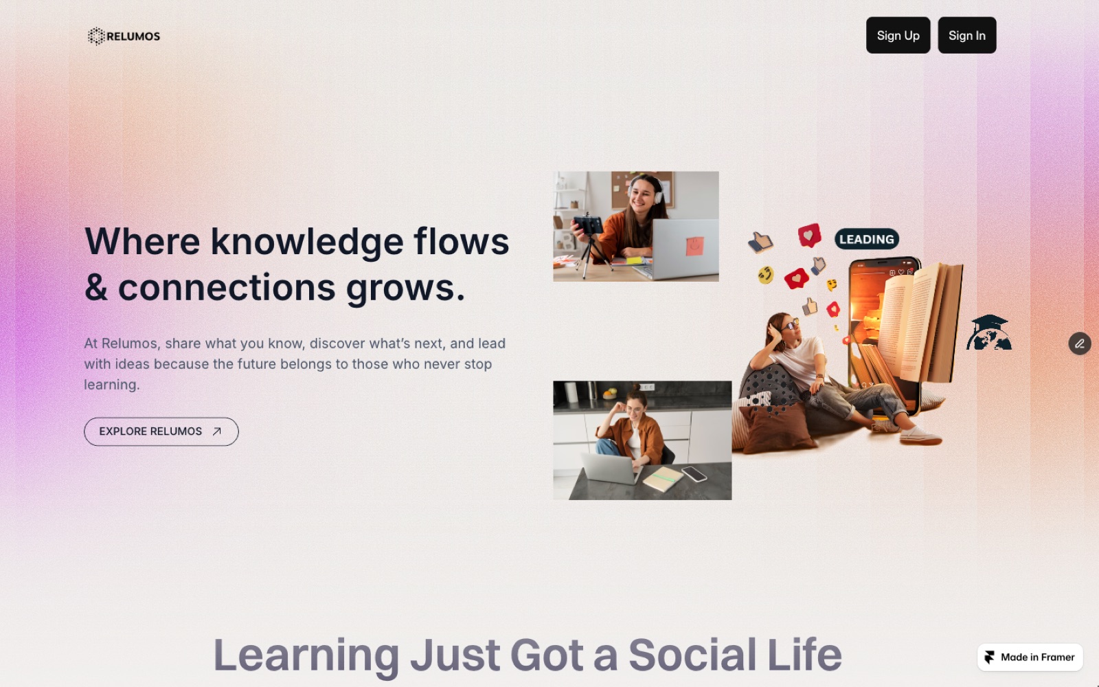 Marketing site built in Framer for Relumos, headlined "Where knowledge flows & connections grows".